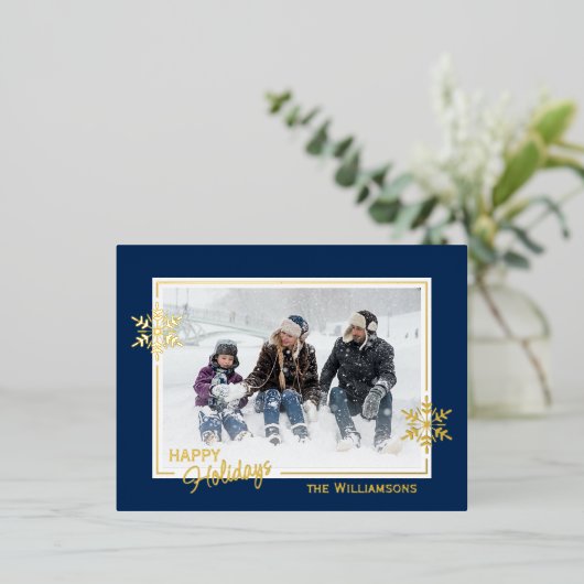 Mooie kunstschilfers op donkerblauw en goud folie feestdagen briefkaart (Staand Voorkant)