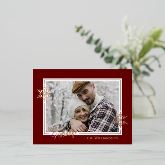 Mooie kunstschilfers op donkerrood en goud folie feestdagen briefkaart (Staand Voorkant)