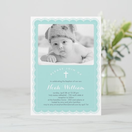 Mooie Lace Baptism Uitnodiging - Blauw (Staand voorkant)