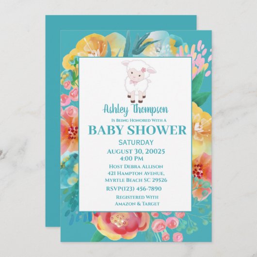 Mooie Lam Teal Blauwe Bloem Baby Shower Uitnodigin Kaart (Voorkant / Achterkant)