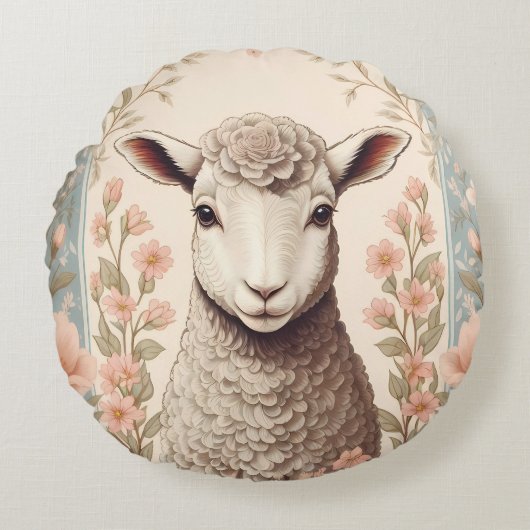 Mooie Lam Zwak Pastel Kleur Bloemen Rond Kussen (Voorkant)