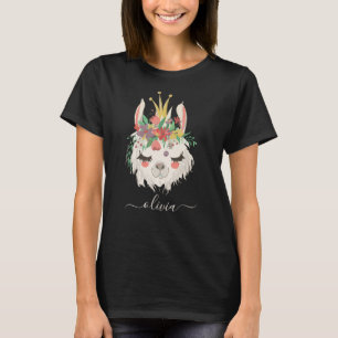 Mooie Lama Gezicht Bloemige Persoonlijke Naam T-Sh T-shirt