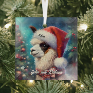 Mooie lama in een kerstmuts glas ornament