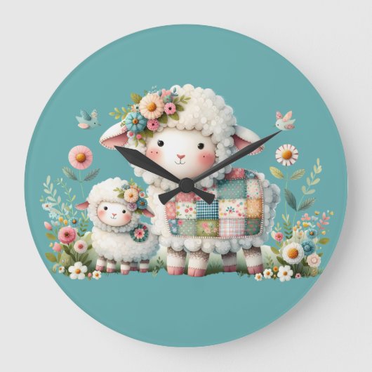 Mooie lammetjes met bloem- en patchworkaccenten grote klok (Voorkant)