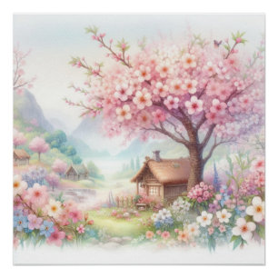 Mooie landelijke hut in bloemrijke omgeving aquare perfect poster