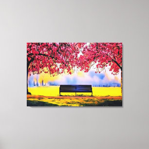 Mooie landschap met kersenbomen en een bank canvas afdruk
