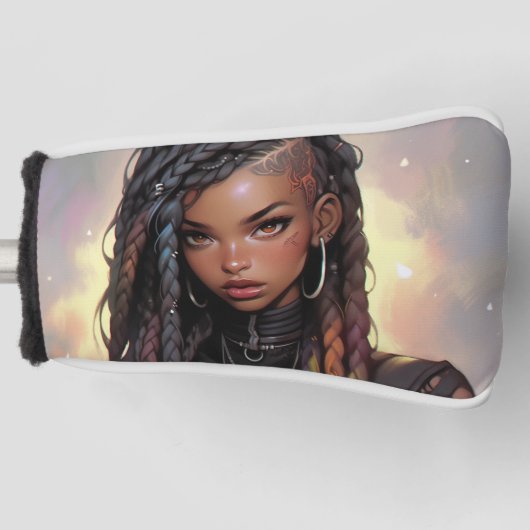 Mooie lange vlechten undercut zwart anime meisje golfheadcover (Voorkant)