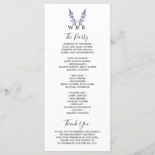 Mooie, Lavendel bruiloft Programmakaart (Achterkant)