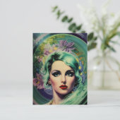 Mooie lavendel en groene Retrostijl ruimtevrouw Briefkaart (Staand voorkant)