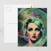 Mooie lavendel en groene Retrostijl ruimtevrouw Briefkaart (Voorkant / Achterkant)