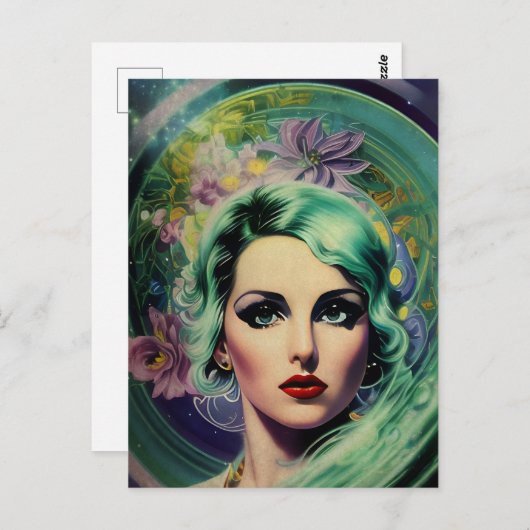 Mooie lavendel en groene Retrostijl ruimtevrouw Briefkaart (Voorkant / Achterkant)