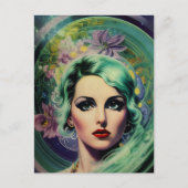 Mooie lavendel en groene Retrostijl ruimtevrouw Briefkaart (Voorkant)