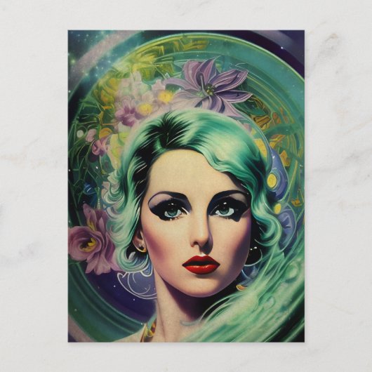 Mooie lavendel en groene Retrostijl ruimtevrouw Briefkaart (Voorkant)