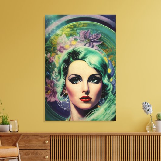 Mooie lavendel en groene Retrostijl ruimtevrouw Canvas Afdruk (Insitu (Woonkamer))