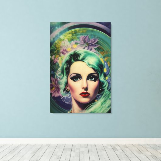 Mooie lavendel en groene Retrostijl ruimtevrouw Canvas Afdruk (Insitu (Houten vloer))
