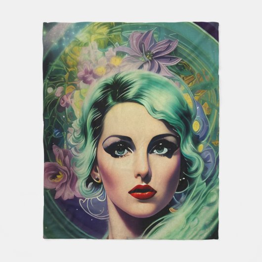 Mooie lavendel en groene Retrostijl ruimtevrouw Fleece Deken (Voorkant)