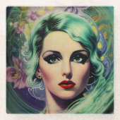 Mooie lavendel en groene Retrostijl ruimtevrouw Glazen Onderzetter (Voorkant)