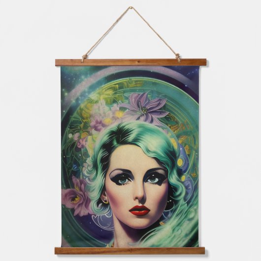 Mooie lavendel en groene Retrostijl ruimtevrouw Hangend Wandkleed (Voorkant)