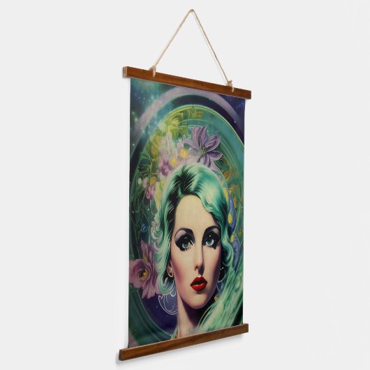 Mooie lavendel en groene Retrostijl ruimtevrouw Hangend Wandkleed (Gebogen)