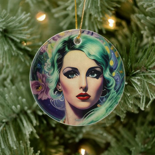 Mooie lavendel en groene Retrostijl ruimtevrouw Keramisch Ornament (Boom)