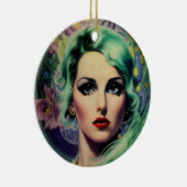 Mooie lavendel en groene Retrostijl ruimtevrouw Keramisch Ornament (Rechts)