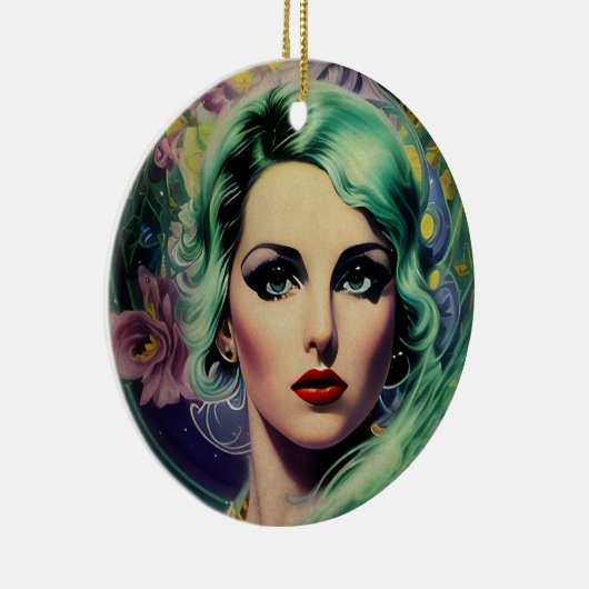 Mooie lavendel en groene Retrostijl ruimtevrouw Keramisch Ornament (Rechts)