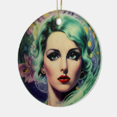 Mooie lavendel en groene Retrostijl ruimtevrouw Keramisch Ornament (Links)