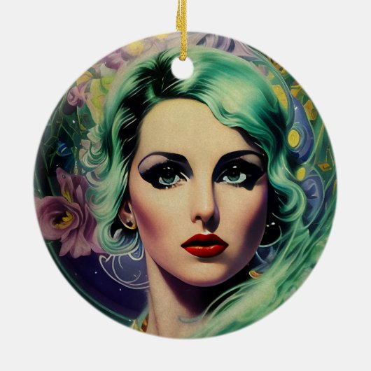 Mooie lavendel en groene Retrostijl ruimtevrouw Keramisch Ornament (Achterkant)