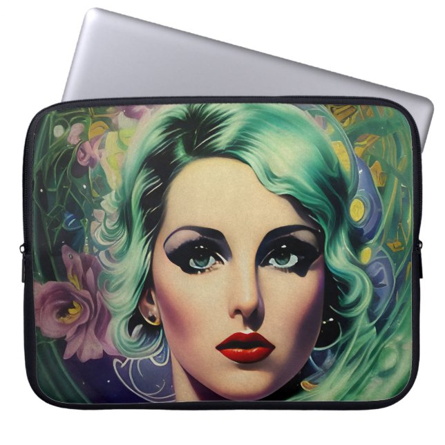 Mooie lavendel en groene Retrostijl ruimtevrouw Laptop Sleeve (Voorkant)