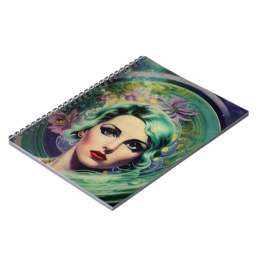 Mooie lavendel en groene Retrostijl ruimtevrouw Notitieboek (Linkerzijde)