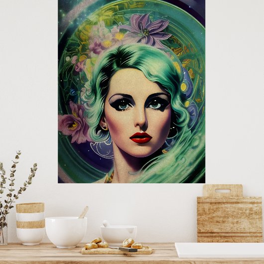 Mooie lavendel en groene Retrostijl ruimtevrouw Poster (Keuken)