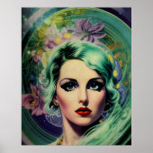 Mooie lavendel en groene Retrostijl ruimtevrouw Poster (Voorkant)