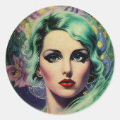 Mooie lavendel en groene Retrostijl ruimtevrouw Ronde Sticker (Voorkant)