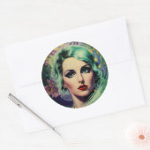 Mooie lavendel en groene Retrostijl ruimtevrouw Ronde Sticker (Envelop)