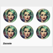 Mooie lavendel en groene Retrostijl ruimtevrouw Ronde Sticker (Vel)