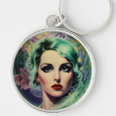 Mooie lavendel en groene Retrostijl ruimtevrouw Sleutelhanger (Voorkant)