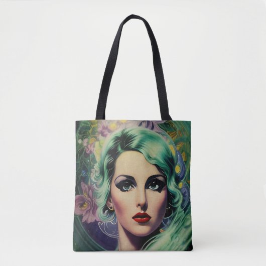 Mooie lavendel en groene Retrostijl ruimtevrouw Tote Bag (Voorkant)