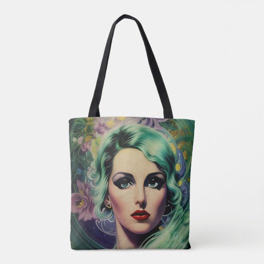 Mooie lavendel en groene Retrostijl ruimtevrouw Tote Bag (Achterkant)