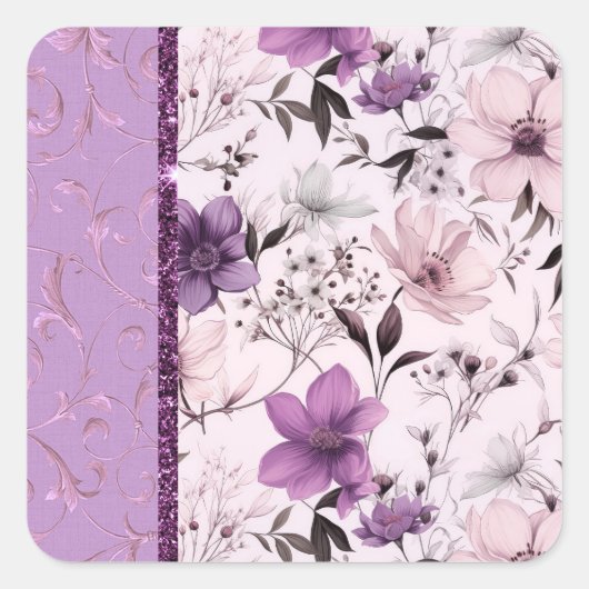 Mooie lavendel en roze bloemen vierkante sticker (Voorkant)