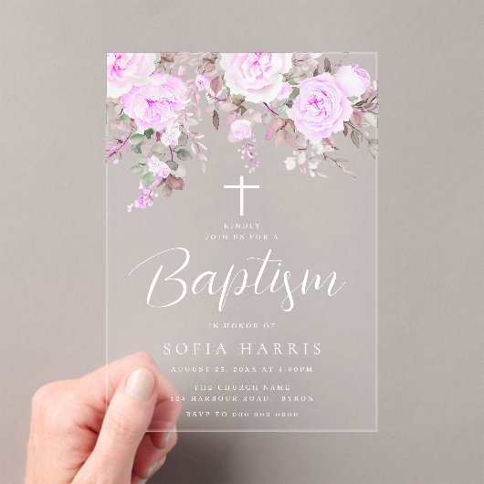 Mooie Lavendel Paarse Violet Baby Meisje Doop Acryl Uitnodigingen (Insitu (Draagbaar))