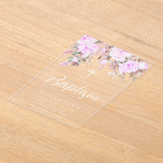 Mooie Lavendel Paarse Violet Baby Meisje Doop Acryl Uitnodigingen (Laagn)