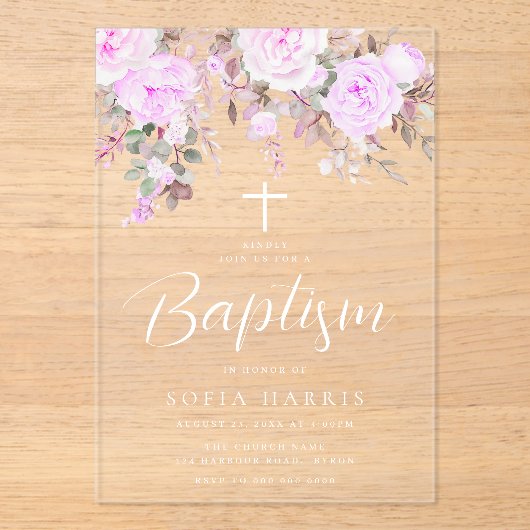 Mooie Lavendel Paarse Violet Baby Meisje Doop Acryl Uitnodigingen (Voorkant)