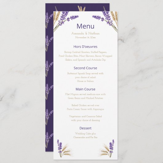 Mooie Lavendel & Tarwe Bruiloft Menu (Voorkant / Achterkant)