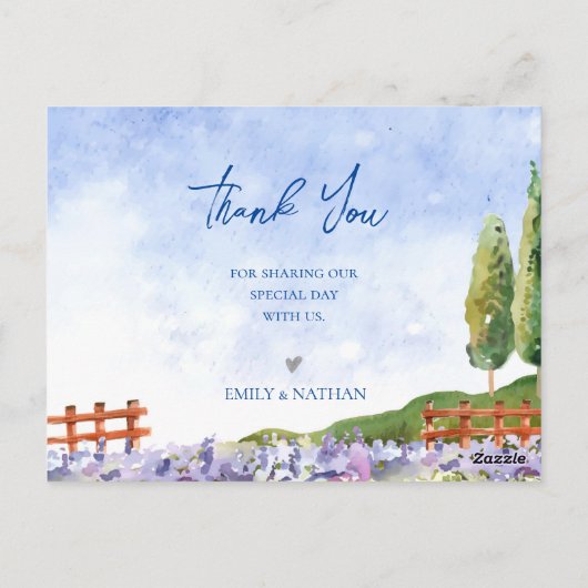 Mooie lavendelvelden landschap bruiloft dank je briefkaart (Achterkant)