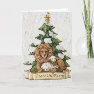 Mooie Leeuw en Lam Bring Zegeningen Kerstmis Feestdagen Kaart