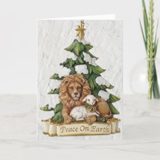 Mooie Leeuw en Lam Bring Zegeningen Kerstmis Feestdagen Kaart