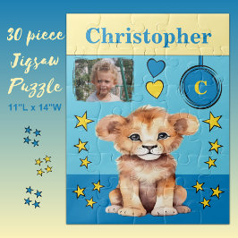 Mooie leeuw foto naam blauw geel kinderen legpuzzel