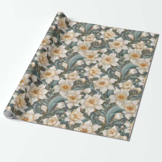 Mooie lente barok narcissen bloempatroon cadeaupapier (Uitgerold)