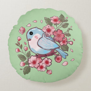 Mooie Lente Blauwe Vogel & Kersenbloesem Waterverf Rond Kussen