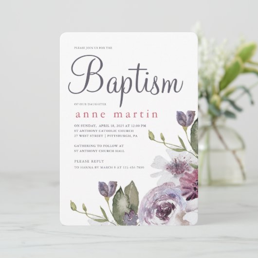 Mooie Lente Bloemige Paarse Bloemen Doop Kaart (Staand voorkant)